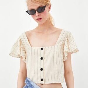 Zara Striped Button Blouse with Ruffle Sleeves L